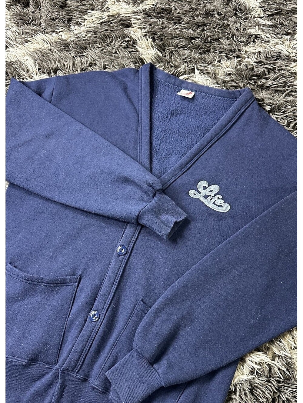 Vintage 80s Jerzees Fleece Cardigan Sweater Made USA Navy Blue One Size